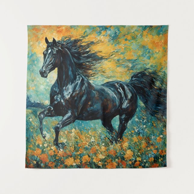 Galloping Black Stallion Tapestry Wandteppich (Vorderseite)