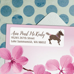 Galloping Brown Pony Pink Blume Adressenaufkleber