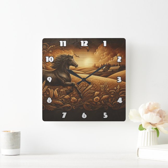 Galloping Horn Through Golden Fields bei Sonnenunt Quadratische Wanduhr (Zuhause)