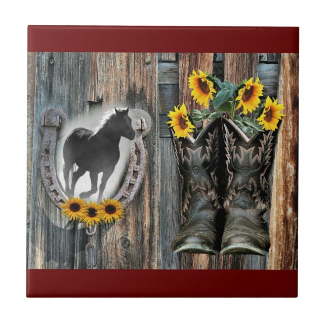 Galloping Horse Cowboy Boots Horseshoe Sonnenblume Fliese (Vorderseite)