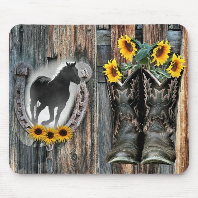 Galloping Horse Cowboy Boots Horseshoe Sonnenblume Mousepad (Vorne)