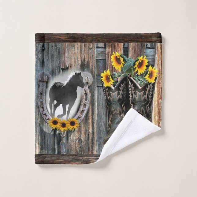 Galloping Horse Cowboy Boots Horseshoe Sonnenblume Waschlappen (Waschlappen)