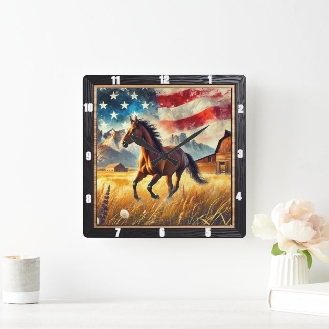 Galloping Horse Patriotic Quadratische Wanduhr (Zuhause)