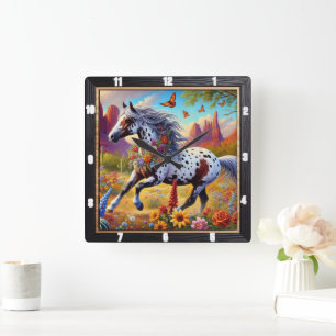Galloping Pferd Blumendekoration Quadratische Wanduhr