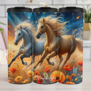 Galloping Pferde Poppies Sunset Meadow Thermosbecher