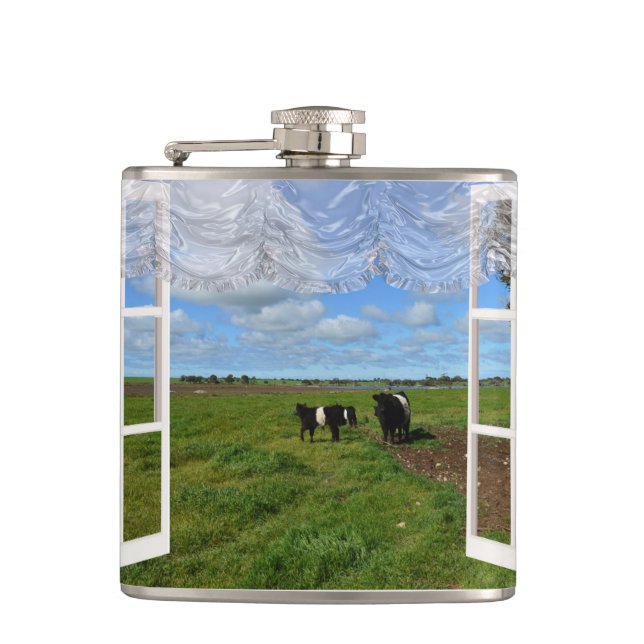 Galloway Cows Window Views, Vinyl Hip Flask Flachmann (Vorderseite)