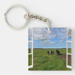 Galloway Kühe durch ein Fenster, Keyring Schlüsselanhänger