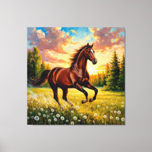 Galoppierendes Pferd in einem Blumenfeld Leinwanddruck