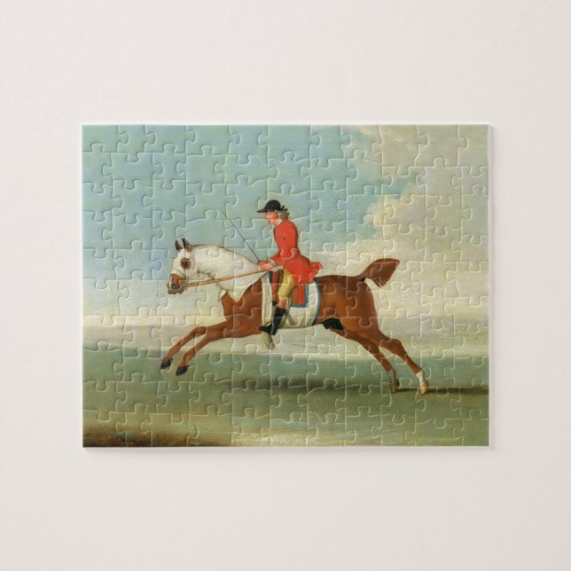 Galoppierendes Rennpferd und angebrachter Jockey (Horizontal)