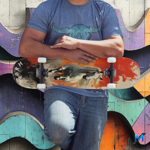 Galoppierendes weißes Pferd im feurigen Sonnenunte Skateboard