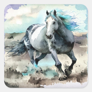 Galoppierendes Zugpferd Aquarell Quadratischer Aufkleber