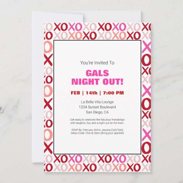 Gals Night Out XOXO Pink Niedlich Galentine Day Pa Einladung (Vorderseite)