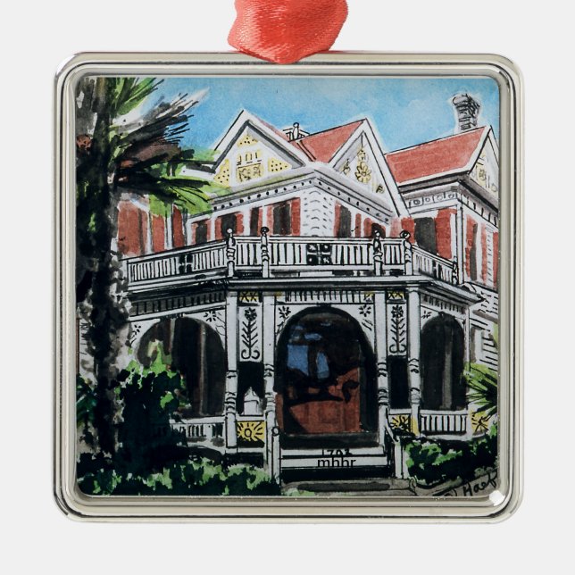 Galveston Aquarell, F. 1876 Beissner House Silbernes Ornament (Vorne)