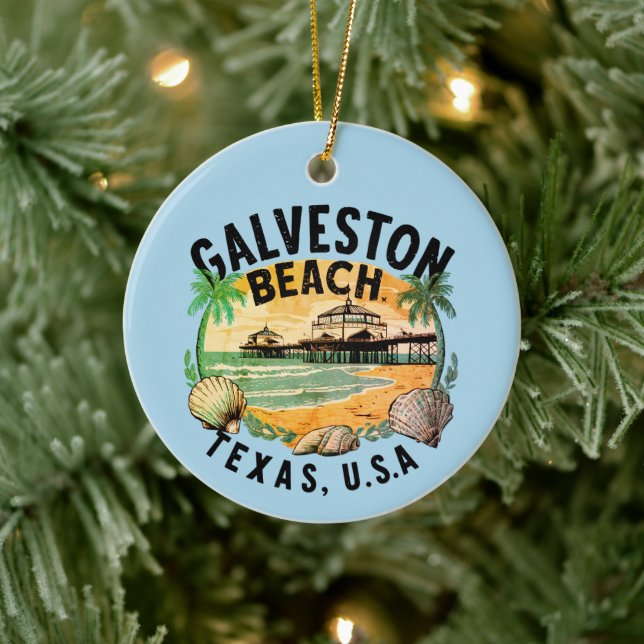 Galveston Beach Retro Vignette Keramik Ornament (Baum)