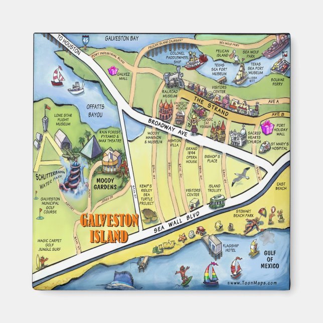 Galveston Texas Cartoon Map Magnet (Vorne)