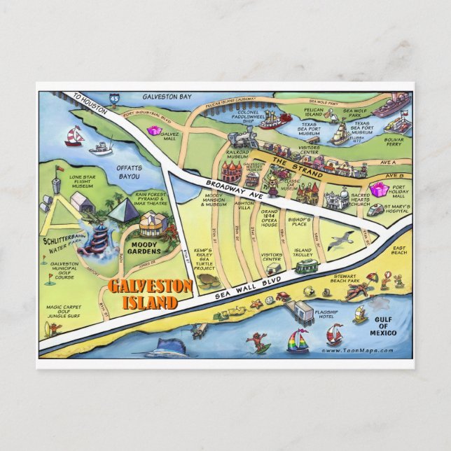 Galveston Texas Cartoon Map Postkarte (Vorderseite)
