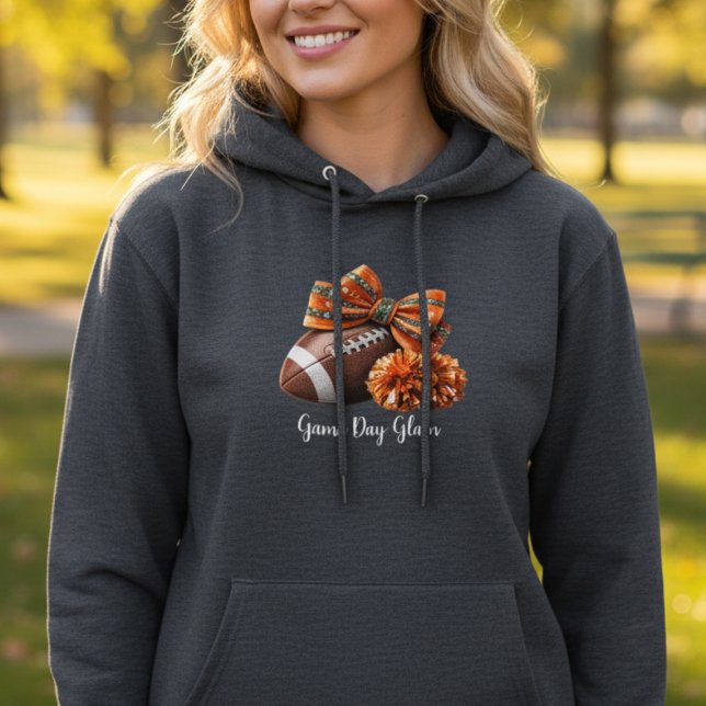 Game Day Glam • Football Bow Hoodie (hoodie with football, orange bows and pom poms for game day fans)