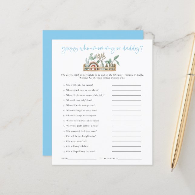 Game Guess Wer Mama Vater Blue Baby Dusche (Vorderseite/Rückseite Beispiel)