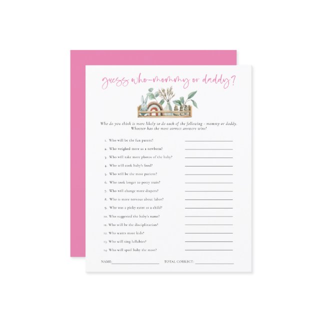 Game Guess Wer Mama Vater Pink Baby Dusche (Vorderseite/Rückseite Beispiel)