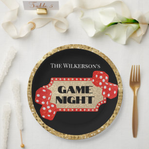 Game Night Glitzer Marquee Sign auf Black Pappteller