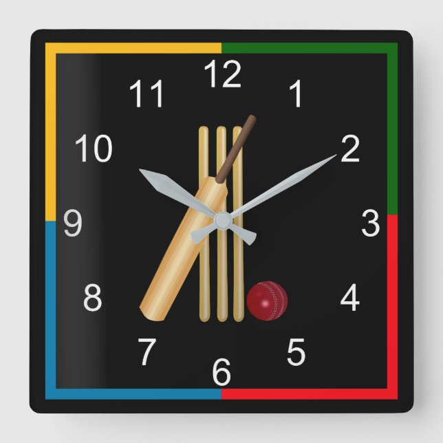 Game of Cricket, Wicket, Bat and Ball Quadratische Wanduhr (Vorderseite)