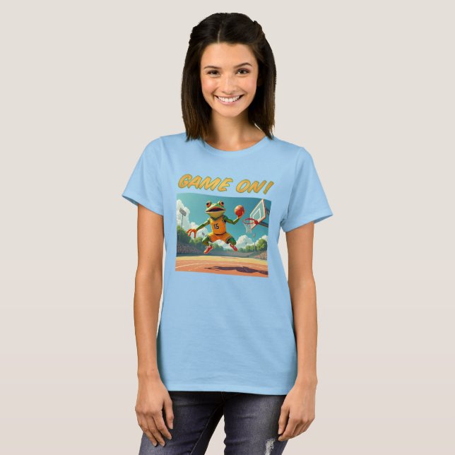 Game On Basketball Frosch Frauen blauer T - Shirt (Vorne ganz)