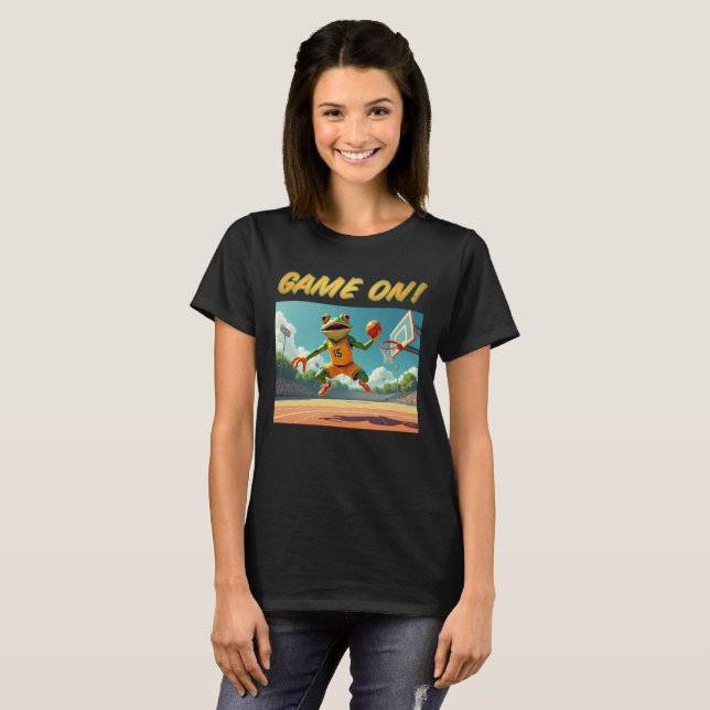 Game On Basketball Frosch Frauen schwarzer T - Shi T-Shirt (Vorne ganz)