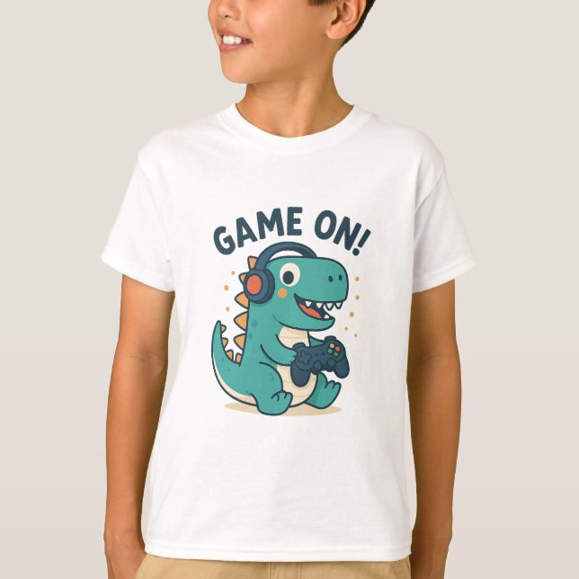 Game On! Cool Gamer Dinosaur Kids T-Shirt (Vorderseite)