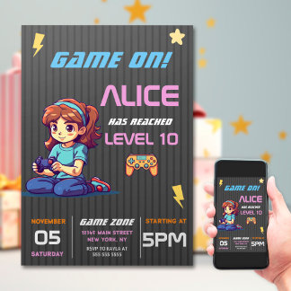 Game On Level Up Fun Video Game Birthday Party Einladung