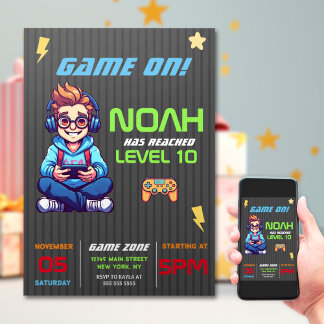 Game On Level Up Fun Video Game Birthday Party Einladung