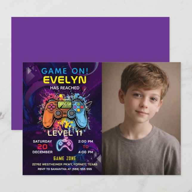  Game On Level Up Video Game Birthday Einladung (Vorne/Hinten)