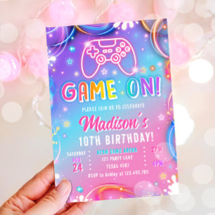Game On Videospiel-Arcade VR Neon-Mädchen-Geburtst Einladung