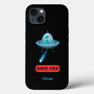 'Game Over' Alien fliegt UFO-Raumschiff, Pixel-Art iPhone Hülle