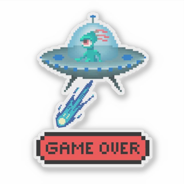 'Game Over' Alien Flying UFO-Raumschiff, Pixel Art Aufkleber (Vorderseite)