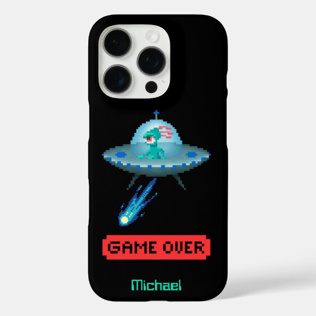 'Game Over' Alien Flying UFO-Raumschiff, Pixel Art iPhone 16 Pro Hülle (Rückseite)