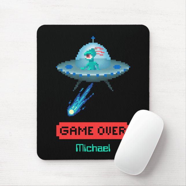 'Game Over' Alien Flying UFO-Raumschiff, Pixel Art Mousepad (Mit Mouse)