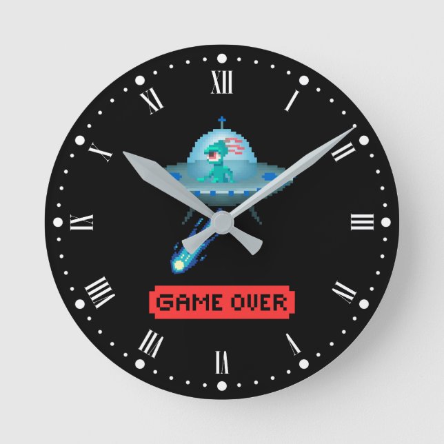 'Game Over' Alien Flying UFO-Raumschiff, Pixel Art Runde Wanduhr (Vorderseite)