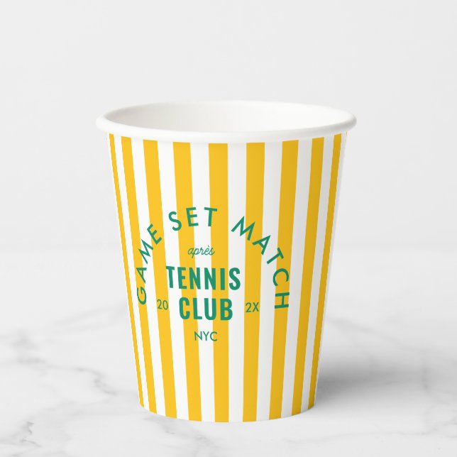 Game Set Match Après Tennis Club Yellow Stripe Pappbecher (Vorderseite)