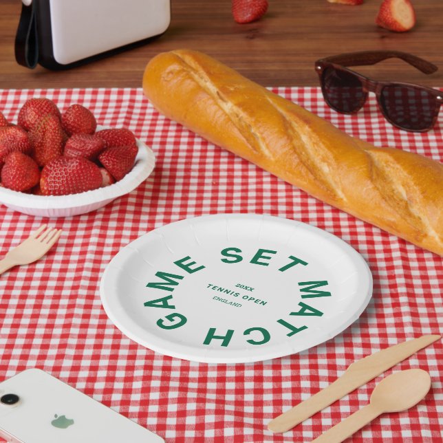 Game Set Match Green Tennis Turnier Wappen Pappteller (Picknick)