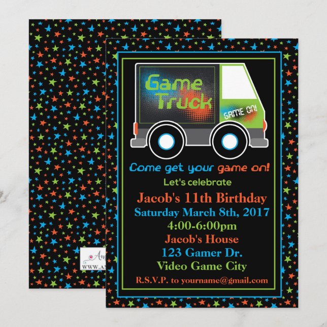 Game Truck, Video Game Birthday Party Einladung (Vorne/Hinten)