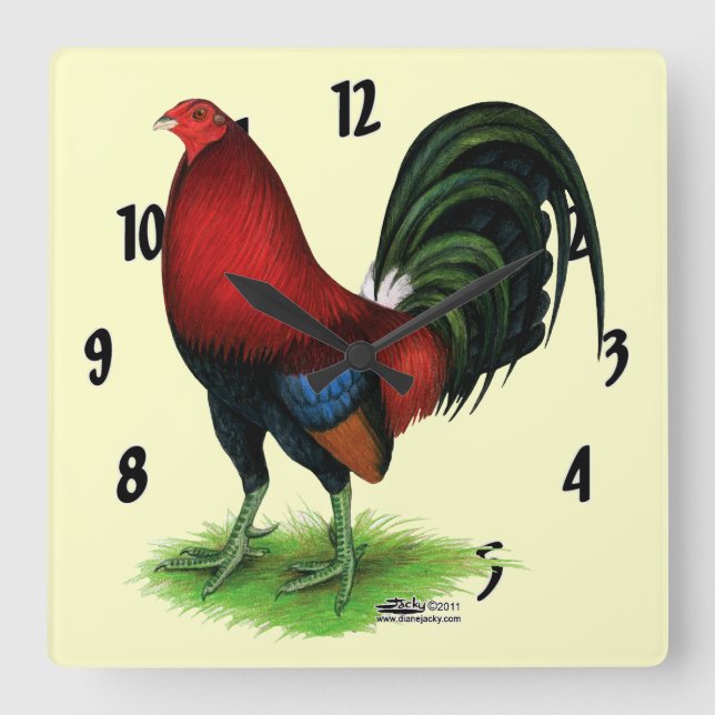 Gamecock: Dunkelrot Quadratische Wanduhr (Vorderseite)