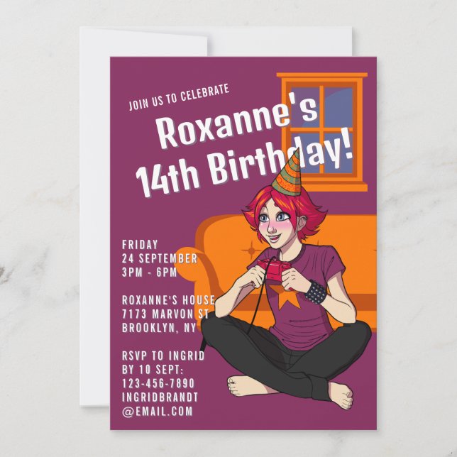 Gamer Anime Lila Teen Girl 14. Geburtstag Einladung (Vorderseite)