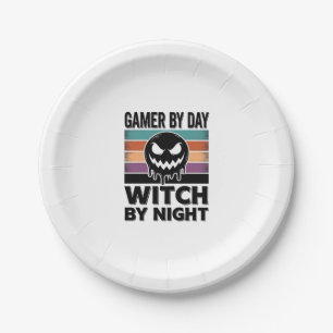 Gamer bei Tag, Hexe bei Nacht Retro Halloween-Desi Pappteller