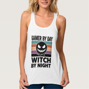 Gamer bei Tag, Hexe bei Nacht Retro-Halloween-Desi Tank Top