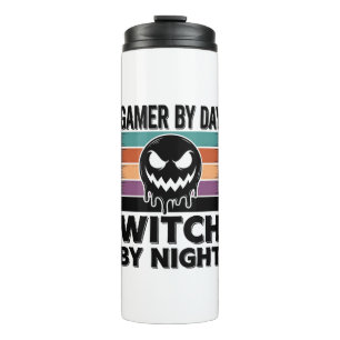 Gamer bei Tag, Hexe bei Nacht Retro-Halloween-Desi Thermosbecher