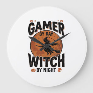 Gamer bei Tag, Hexe bei Nacht, Vintage-Gaming-Desi Große Wanduhr