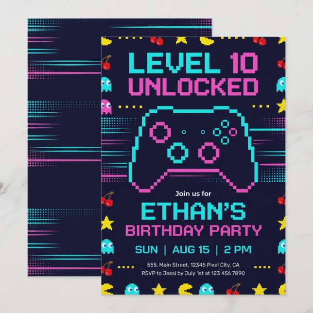 Gamer Birthday Invitation  Pixel Video Game Party Einladung (Vorne/Hinten)