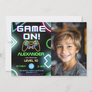Gamer Boy 10. Neon Gaming Geburtstags-Foto Einladung