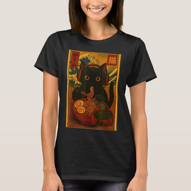 Gamer Cat Eating Ramen Japanese Style  T-Shirt (Vorderseite)