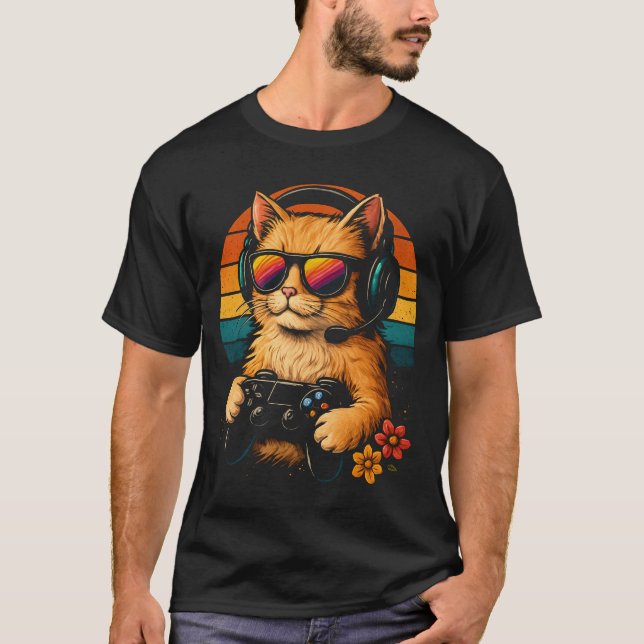 Gamer Cat - Retro Style Kopfhörer und Controller T-Shirt (Vorderseite)